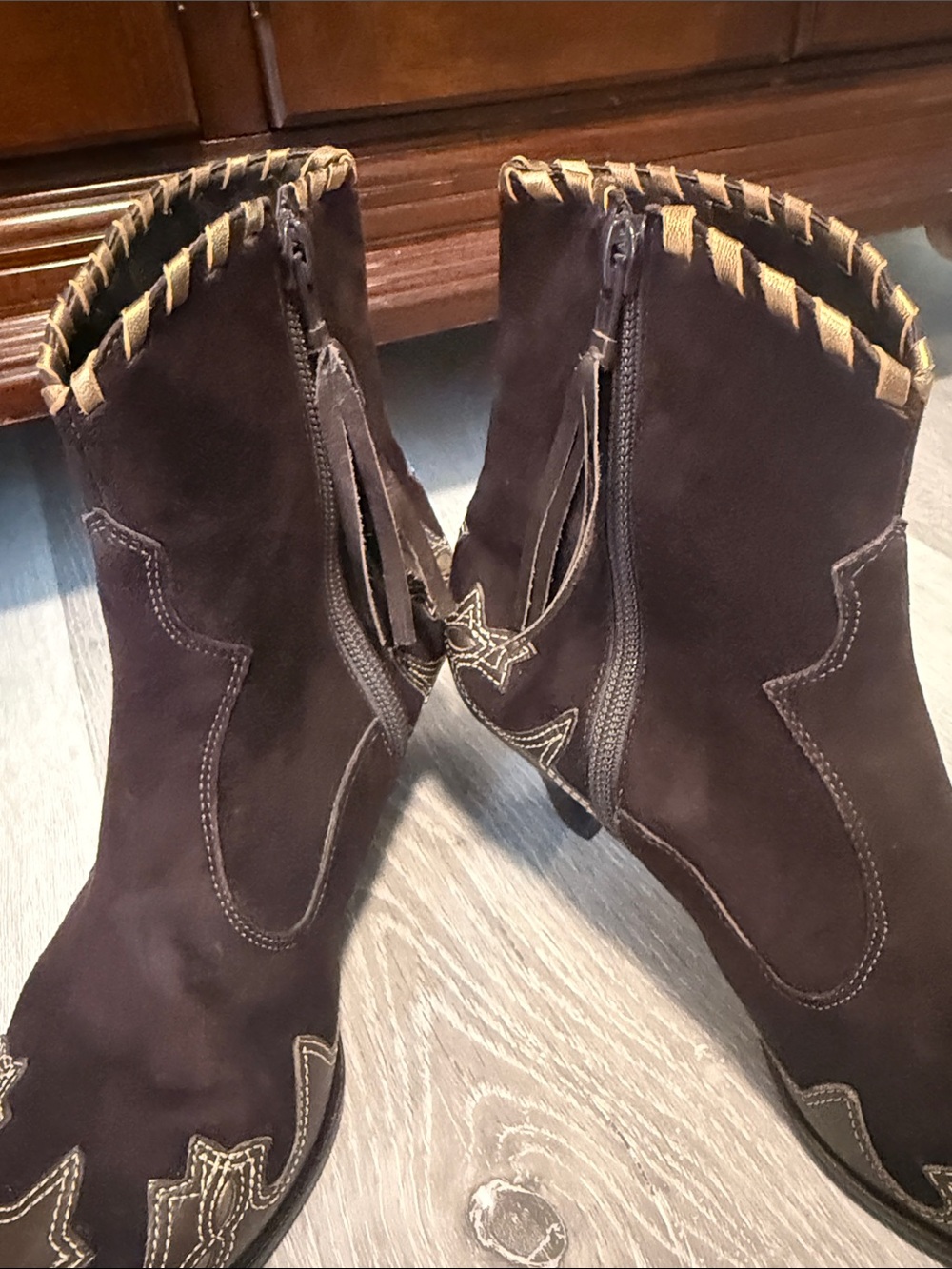 ANTONIO MELANI Dark Brown Suede Western Ankle Boots with Embroidered Toe - Picture 5 of 9